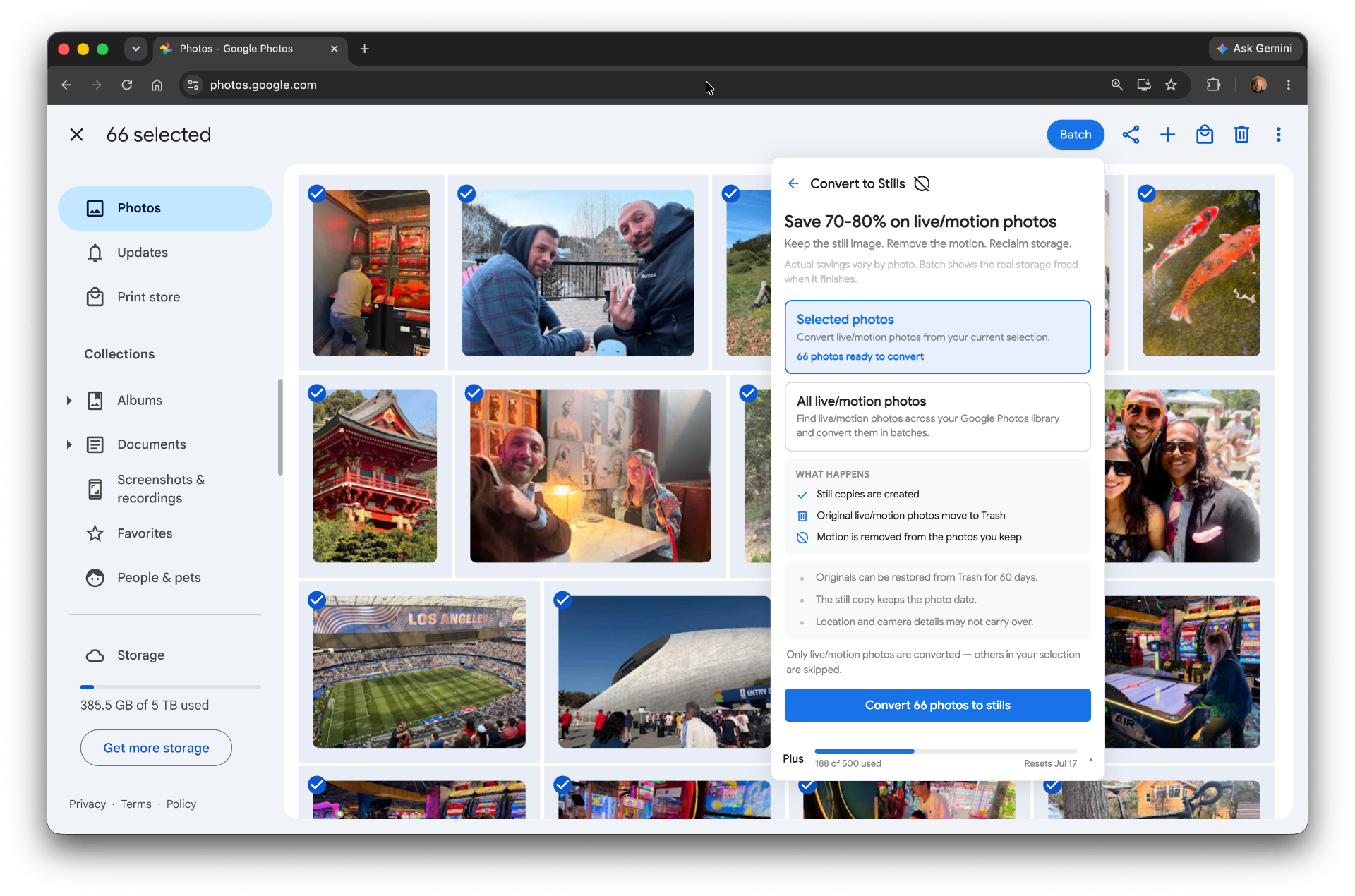 Batch Convert to Stills feature in Google Photos showing 66 selected motion photos ready to be converted to stills, with a panel explaining the storage savings and what happens to originals.