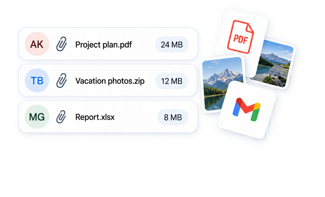 Three Gmail messages with large attachments sized 24 MB, 12 MB, and 8 MB.