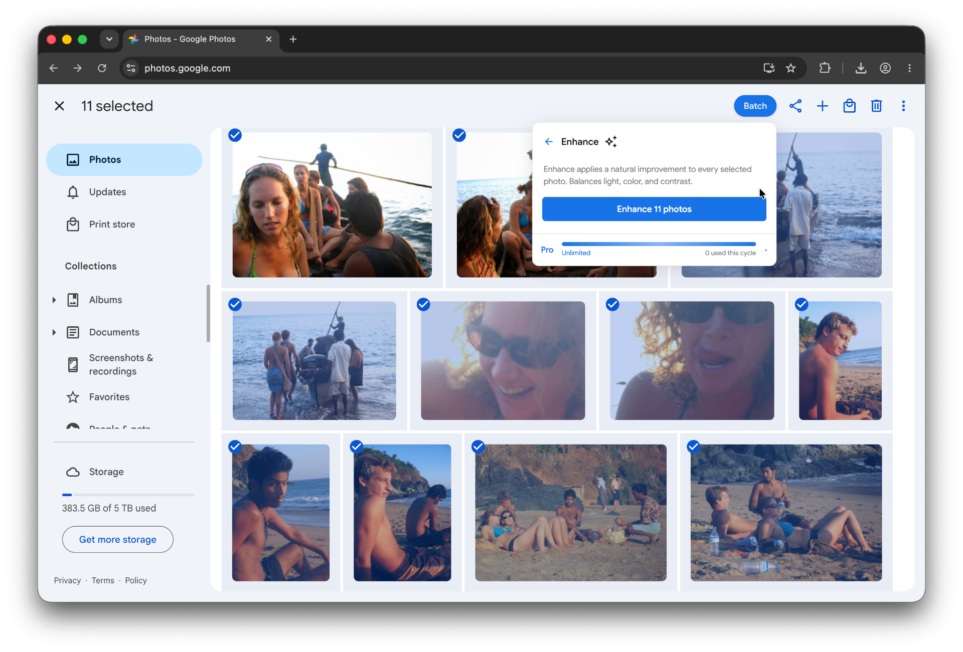 Google Photos selection toolbar showing 11 photos selected with the Batch Enhance panel open and an 'Enhance 11 photos' button.