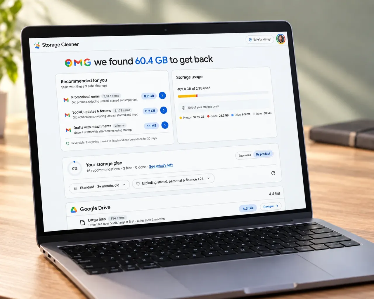 Storage Cleaner showing 60.4 GB available to reclaim and recommended Google storage cleanups on a laptop
