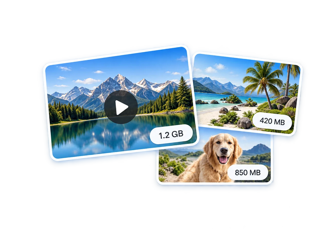 Large photos and videos ranging from 320 MB to 1.2 GB.