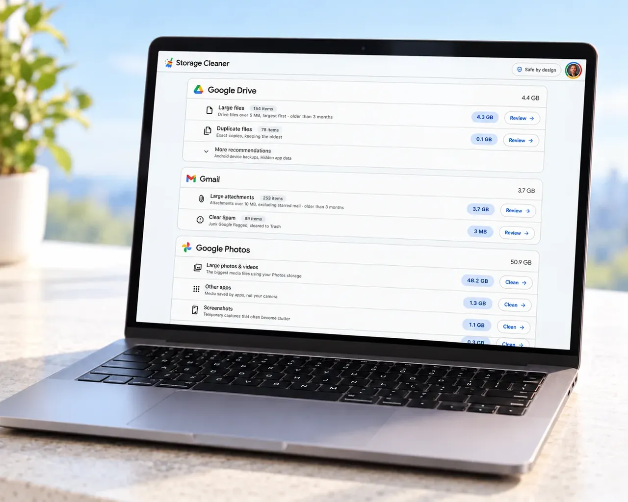 Storage Cleaner showing Google Drive, Gmail and Google Photos cleanup recommendations on a laptop