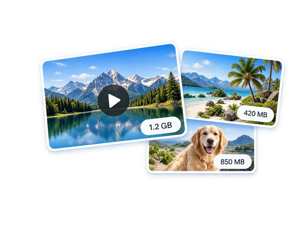 Large photos and videos ranging from 320 MB to 1.2 GB.