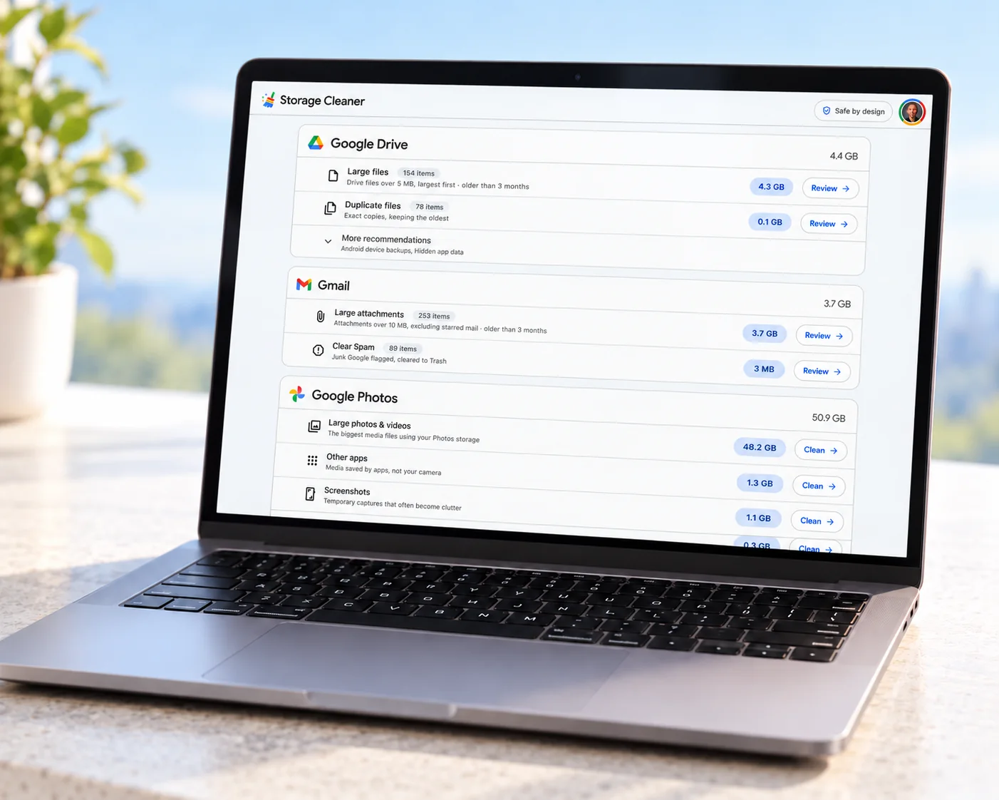 Storage Cleaner showing Google Drive, Gmail and Google Photos cleanup recommendations on a laptop