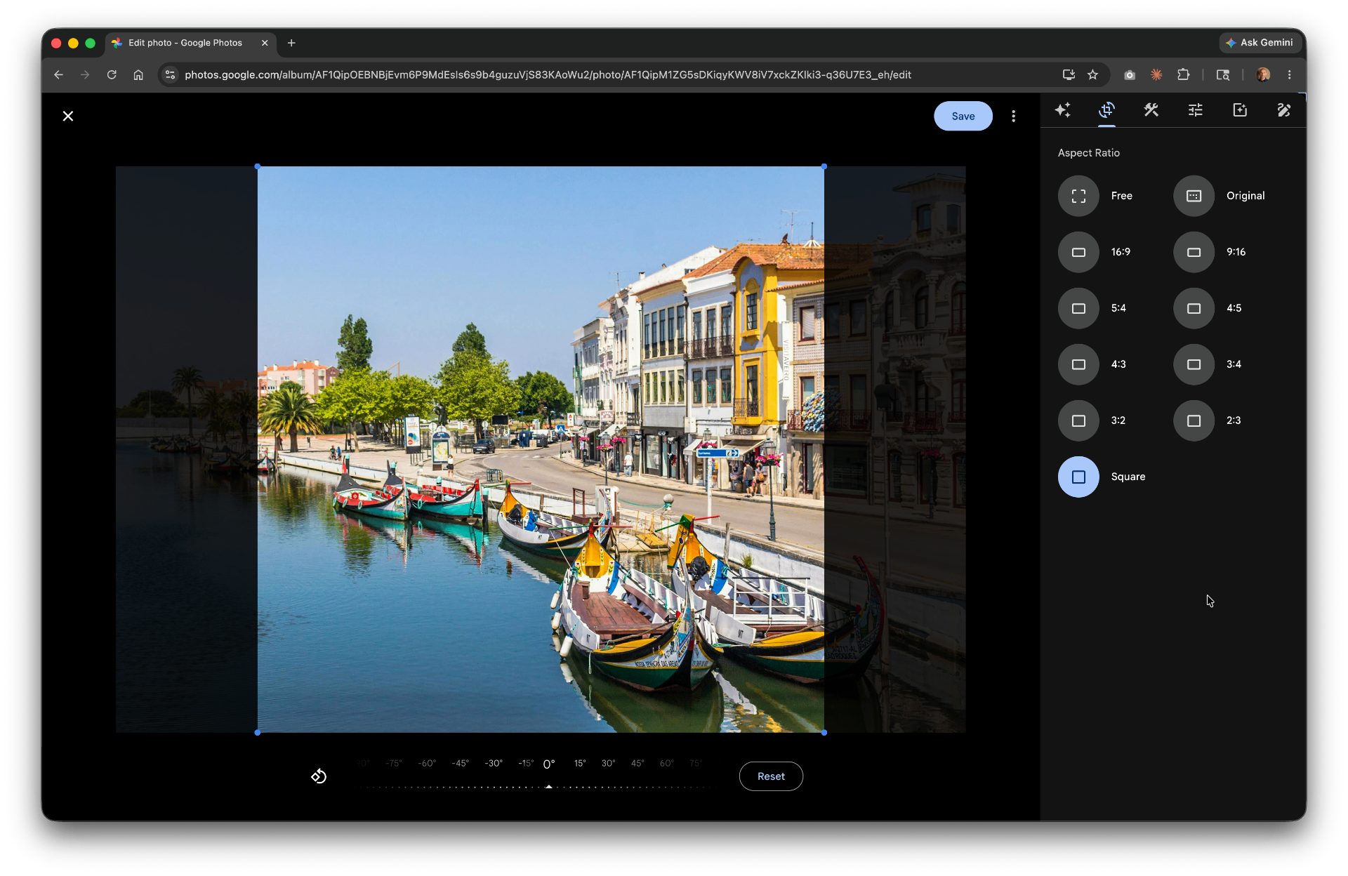 The Google Photos crop tab with aspect ratio presets and a photo being cropped to 1:1.