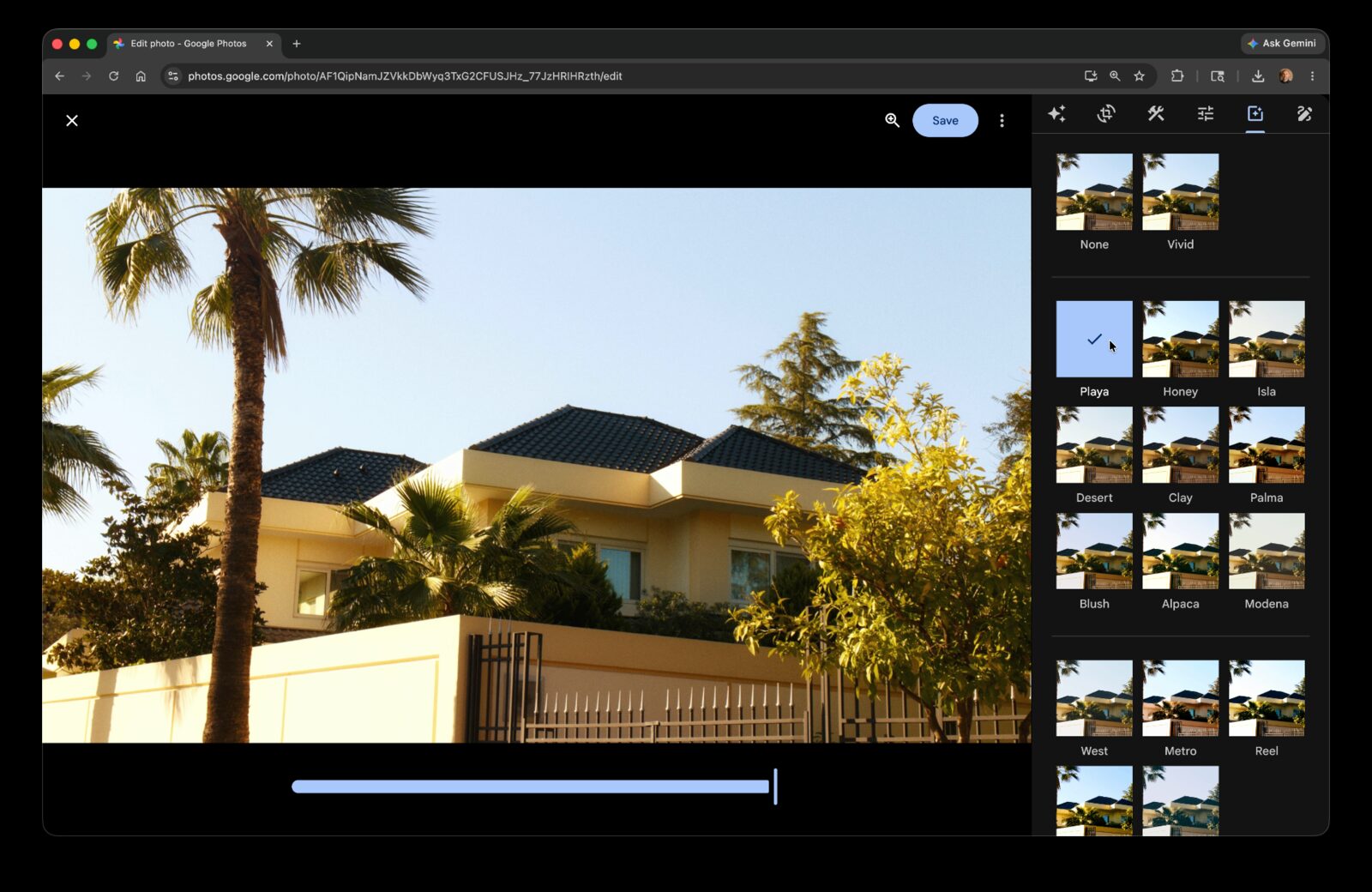 Google Photos filter picker open on a sunlit exterior listing shot with the Playa preset selected in the right-hand panel.