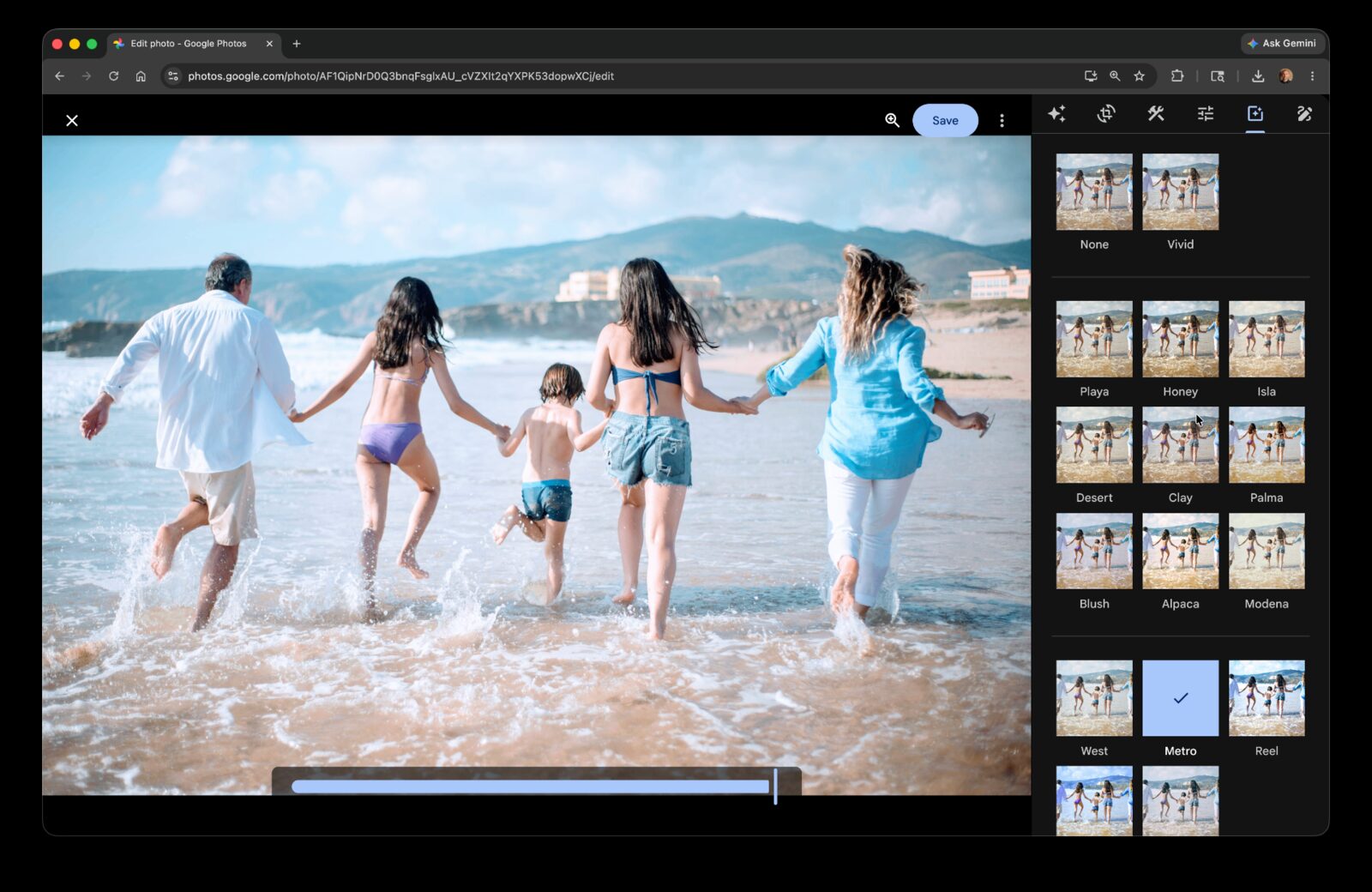 Google Photos filter picker open on a beach family photo with the Metro preset selected in the right-hand panel.